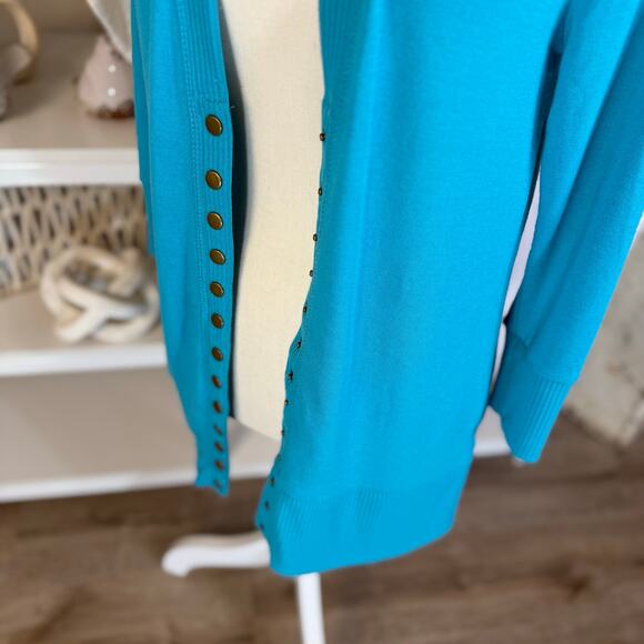 Zenana Women's Size L Turquoise Blue Brass Button Up Cardigan Sweater #3515 - Picture 5 of 8